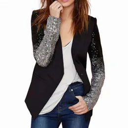 Damskie Garnitury Blazers Damski Płaszcz 2021 Spring Fall Cienka Kurtka Z Długim Rękawem Blazer Moda Bling Silver Black Cekin Elegancki Garnitur roboczy Femin