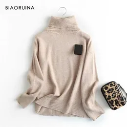 Biaoruina 3 färger Kvinnors Casual All-Match Solid Strikkad Turtleneck Sweater Kvinna Everyday Höst Vinter Håll varma Pullovers 211103