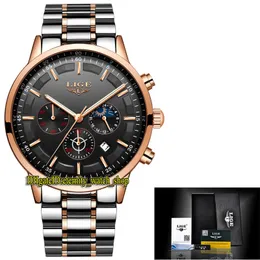 LIGE ETERNIDADE LG9877 Sport Mens Relógios Data Dial Black Dial Japão VK Quartzo Chronógrafo Movimento Homens Assista a Caixa de Aço Rosa Bezel Duas Pulseira Inoperável