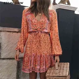 Bohemia V neck Location Floral Print BOHO Long Sleeve Short Dress Orange Woman Adjustable Lacing up Waist Holiday Dresses 210429