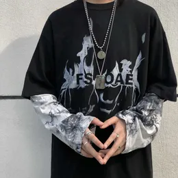 Korea ins harajuku streetwear hip-hop print tie-färge skjorta höst bf lösa falska två långärmad avslappnad kvinna sweatshirt 210608