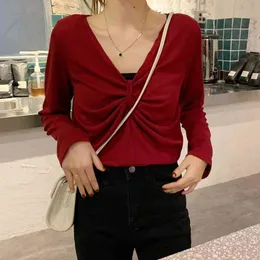 Korean Moda Sexy V-Neck Solidna Długie Rękaw Woman Tshirts Chic Bow Design Loose Femme T Shirt Proste All-Match Topy 210514