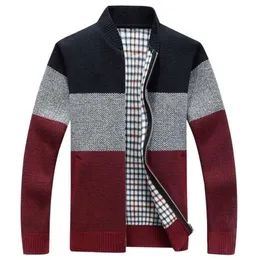 Winter Fashion Patchwork Men's Knitted Jackets Thick Comfy Long Sleeve Sweater Coat Warm Stand Collar Fall Casual Cardigan 211102