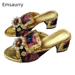 Embroidery Flower Satin Sandal Summer Sexy Open Toe Beading Pearl Crystal Slip-on Lazyman Mules 210624