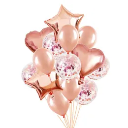 Decorazione per feste 14 pezzi Set di palloncini di coriandoli in oro rosa Cuore Stella Foil per matrimoni Bambini 1 ° compleanno Air Globos Forniture
