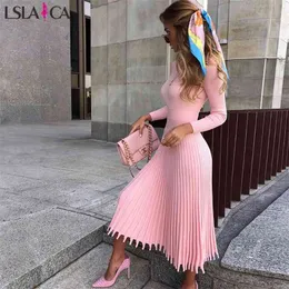 Lslaica klänning kvinnor mode försäljning midi tröja solid färg casual o-neck långärmad smal hög midja för 210515