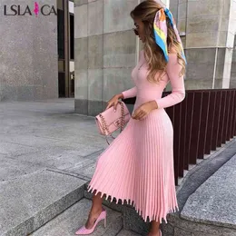 LSLAICA Sukienka Kobiety Moda Sprzedaż Midi Sweter Solidny Kolor Casual O-Neck Z Długim Rękawem Slim High Waist dla 210515