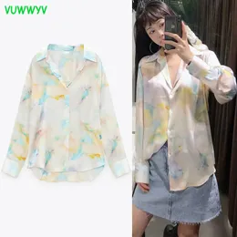 VUWWYV Fashion Flowing Tie Dye Shirts for Women Summer Casual Collar Button Up Shirt Woman Long Sleeve Satin Ladies Tops 210430