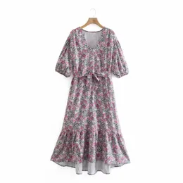 여름 여성 V 넥 슈즈 빈티지 인쇄 된 미디 드레스 여성 퍼프 소매 옷 캐주얼 레이디 느슨한 Vestido D7711 210430