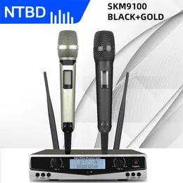 NTBD SKM9100 SAHNE PERFORMAN KTV KTV Yüksek Kaliteli UHF Profesyonel Çift Kablosuz Mikrofon Sistemi Dinamik Uzun Mesafe 210610
