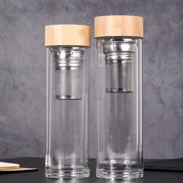 450ml 500ml Bamboo Lid Water bottle Cups Double Walled Glass Tea Tumbler With Strainer And Infuser Basket Bottles