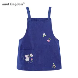 Mudkingdom jesień dziewczynek sling sukienki kwiatu wzór myszy Denim dzieci dla 210615