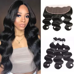 Brazilian Body Wave Human Virgin Hair Weaves with 13x4 Lace Frontal Full Head Natural Color