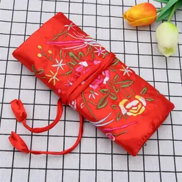 Bolsas de almacenamiento bordadas a mano, bolsa de rollo de joyería de flores, bolsa de cosméticos bordada, organizador de maquillaje de brocado con cierre de corbata