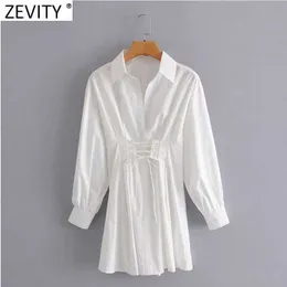 Zevity mulheres vintage cintura lace up bandage casual slim dobra camisa vestido feminino chique volta zíper branco mini vestidos ds8187 210603