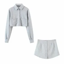 Spring Autumn Casual Sports Loose Lapel Short Long Sleeve Top + Single-Breasted A-Line Skirt Trouser Two-Piece Women 210521