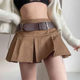 Japanese kawaii y2k pleated skirt A-LINE mini sexy Harajuku casual Vintage streetwear ins Solid women belt 210608