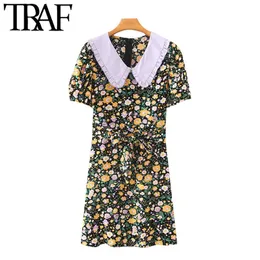Women Chic Fashion With Belt Floral Print Mini Dress Vintage Peter pan Collar Short Sleeve Female Dresses Mujer 210507