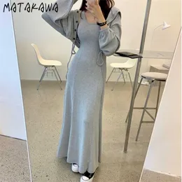 Matakawa платье наборы корейской осени с капюшоном с длинным рукавом с капюшоном с капюшоном Свободные кофты + спагетти ремешок жилет вскользь два частя набор женщин 211106