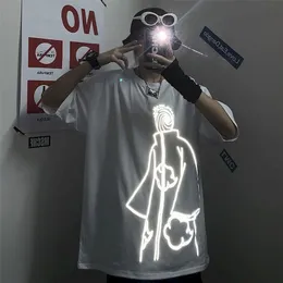 Short-sleeved T-shirt Men Women Summer Reflective Trend Loose Personality Technology Creativity Couple Wear Top 210722