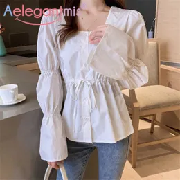 Aelegantmis Adjustable Waist Women Blouse Elegant Squre Collar Shirts Female Vintage Stylish Tops White Chic Korean 210607