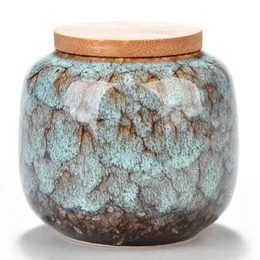 Tea Caddy with Wood Lid Ceramic Box Sugar Jar Glaze Kiln Change Green Storage Canister Kitchen