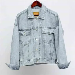 Vintage Kobiety Kurtka Jesień Zimowa Oversize Denim S Umyte Niebieskie Dżinsy Płaszcz Turn-Down Outwear Bomber 210818