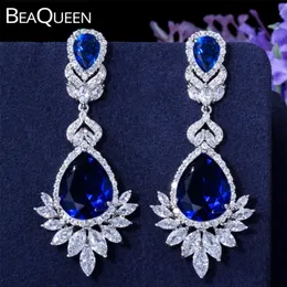 BeaQueen Luxury Royal Blue Water Drop CZ Crystal Donna Gioielli da sposa Orecchini lunghi da sposa con Clear Cubic Zirconia E081 210317