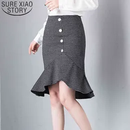 Lato Korean-Style Slim Fit Ruffled One-Step Spódnica Wysoka talia Chic Fishtail Kobiety Hip Plaid 8818 50 210510