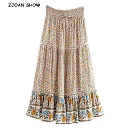 Bohemia Spliced Hollow Out Hole Lace Floral Midi Gonna lunga Beige Holiday Women Elastico a vita alta Swing Gonne Beach 210429