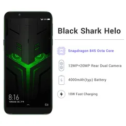 オリジナルブラックサメHelo 4G LTE携帯電話ゲーム8GB RAM 128GB ROM Snapdragon 845オクタコアAndroid 6.01インチ20mp OTGフィンガープリントIDスマート携帯電話