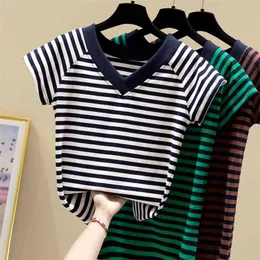 WWENN Summer Short Sleeve Striped T shirt Women Tops Tshirt Cotton T-shirt V-Neck Tee Shirt Femme White Plus Size 210507