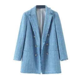 Blue Plaid Frayed Edge Tweed Jacket Coat Women Lapel Double Breasted Ladies Long Sleeve Outwear Blazer 210430