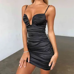 Sommar kvinnor svart v hals spaghetti rem mini klänning sexig ärmlös draped club kväll landningsbana parti sundresses 210423