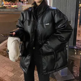 Aelegantmis faux skórzana kurtka damska puffer parka czarny jasny kolor gruby Korea zima spadek PU ponadgabarytowe płaszcz kobiece wierzchnia 210607
