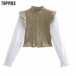 Woman Long Sleeve Spliced Blouses Shirts Ruffles Tops Elastic Cropped Female Korean Fashion Clothes 210421