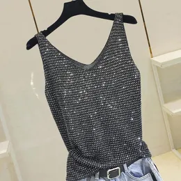 Damtröjor Camis Rhinestone Knit Bottoming Shirt Ärmlös ljus sidenväst Toppar för kvinnor 2022