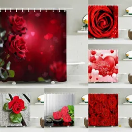 3D赤いバラの花のバスルームのカーテンラブロマンスバスカーテン防水ファブリックシャワーカーテンの装飾240x180フック211116