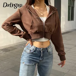 Darlingaga Casual Zip Up Przycięte Brązowe Bluzy Kobiety Harajuku Kieszenie Podstawowa Jesień Kurtka Solid Y2K Krótkie bluzy z kapturem Nowy X0721