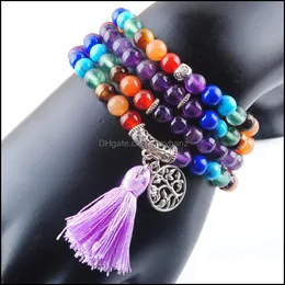 Beaded, Wojiaer 108 Meditation MTI-skikt Long Strands Armband 7 Chakra Yoga Natural Round Amethyst Mala Pärlor Tassel smycken Drop Delivery