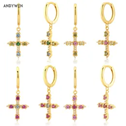 Andywen 925 Sterling Silver Big Colorful Cross Piercing Drop Earring Olive Blue Pink Red Crystal Luxury Pendiente Clips Smycken 210608