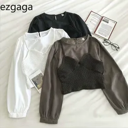 Ezgaga Französisch Stil Frau Shirts Patchwork Gefälschte Zwei Vintage Elegante Crop Tops Oansatz Langarm Schlank Damen Shirts Süße 210317