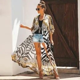 Teelynn chiffong leopard print kimono bikini täcker upp kvinnor lång blus tappning lös boho strand slitage robe sommar vestidos sarong 210319