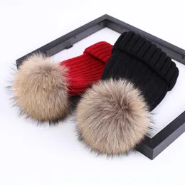 Caps & Hats Real Fur Winter Pompom Hat For Kids Knited Beanie Warm Baby Children Pom Girls Boys Cap