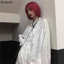 Frauen Mann Bluse Drachen Print Harajuku Streetwear Chinesischen Stil Stehkragen Schnalle Vintage Schwarz Weiß Hemd Blusas 210422