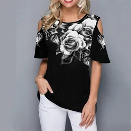 Women Summer Gradient Tshirt Casual Short Sleeve Tops Tees Sexy Off Shoulder Floral Print O-Neck Plus Size 5XL Shirt 210517