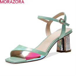 Morazora Est Fashion Mulheres Sandálias Genuíno de Couro Fivela Senhoras Sapatas de Verão Espessura Alta Salto Alto Quadrado Toe Sapatos 210506