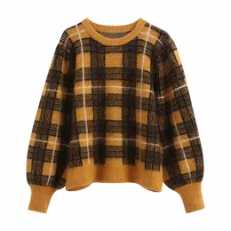Vinatge Woman Loose Plaid Patchwork Thick Sweaters Autumn Winter Fashion Ladies Lantern Sleeve Pullover Female Soft Sweater 210515