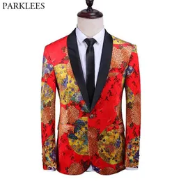 Men's Luxury Floral Velvet Dress Blazer One Button Shawl Collar Stylish Suit Jacket Male Wedding Party Dinner Stage Costumes Red 210522