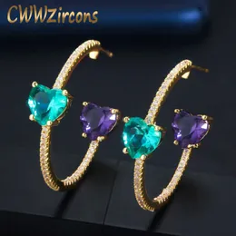 Podwójny Cute Love Heart Shape Purple Blue Cor Crystal Round Hoop Kolczyki Trendy Czeski Biżuteria dla kobiet CZ753 210714